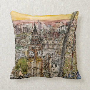 Destinationer Watercolor Big Ben & London Öga Kudde