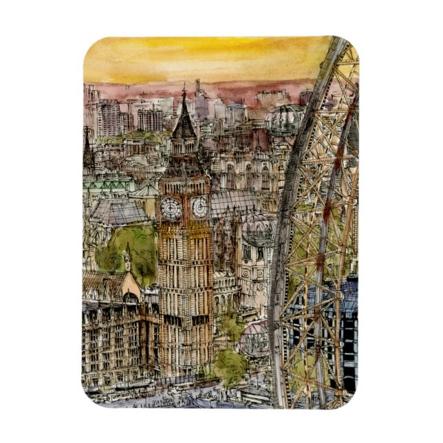 Destinationer | Watercolor Big Ben & London Öga Magnet (Vertikal)