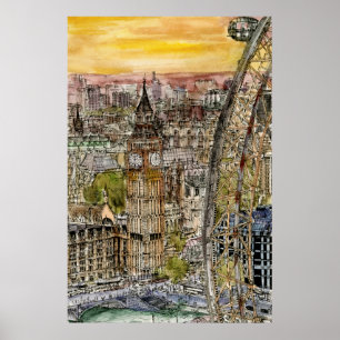 Destinationer   Watercolor Big Ben & London Öga Poster