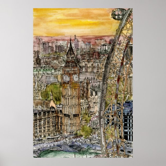 Destinationer | Watercolor Big Ben & London Öga Poster (Framsidan)
