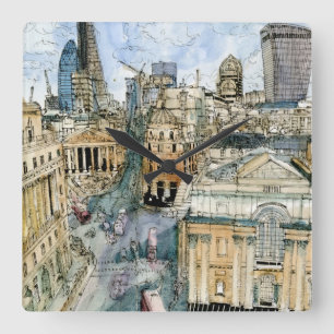 Destinationer   Watercolor Vintage London Street Fyrkantig Klocka