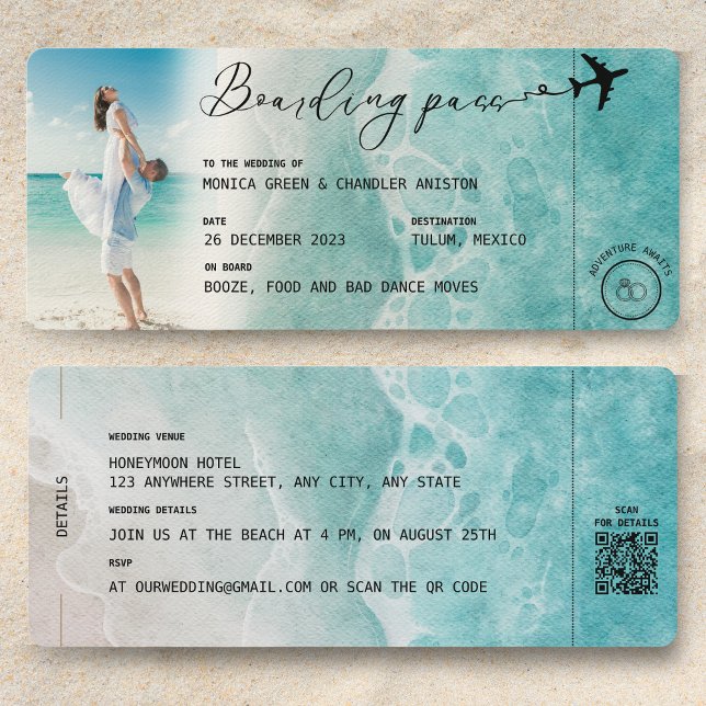 Destinationsasbröllop för sjöbordspass QR-kod Inbjudningar (QR code Wedding Invitation Boarding Pass Ocean Beach)