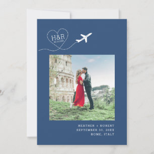 Destinationsbröllop, blå flygplan, Monogram Bild Spara Datumet