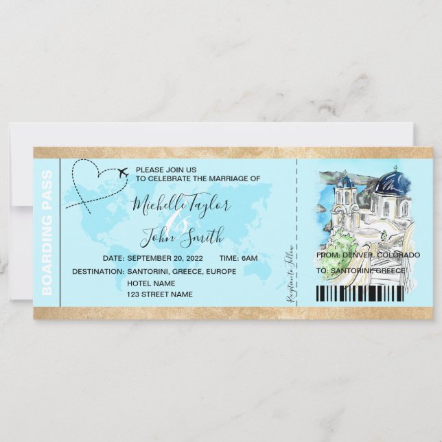 Destinationsbröllop Boarding Pass Santorini Grekla Inbjudningar (Framsida)