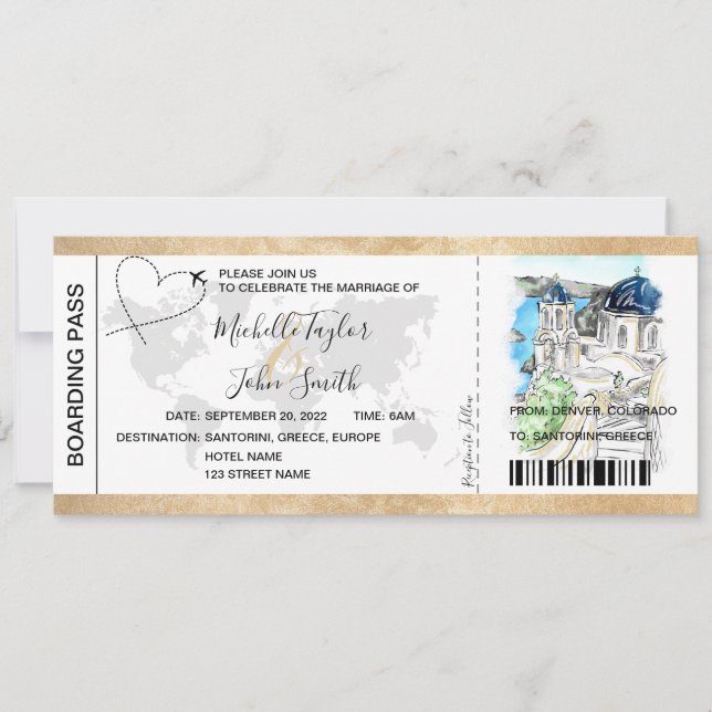 Destinationsbröllop Boarding Pass Santorini Grekla Inbjudningar (Framsida)