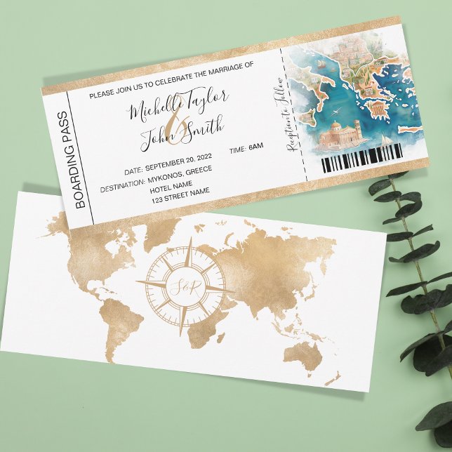 Destinationsbröllop - boardingpass Grekland Inbjudningar (illustrated watercolor map greece)