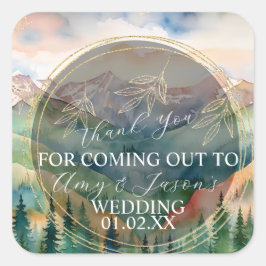 Destinationsbröllop för bergsvattenfärgsscenen fyrkantigt klistermärke