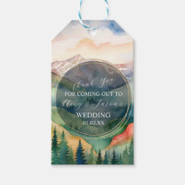 Destinationsbröllop för bergsvattenfärgsscenen presentetikett