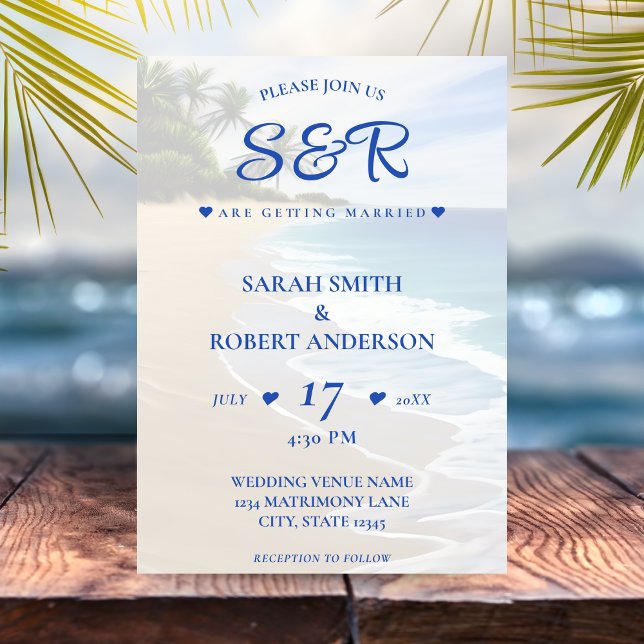 Destinationsbröllop för Blue Beach Island Handflat Inbjudningar (Blue Beach Island Palm Tree Destination Wedding Invitation
)