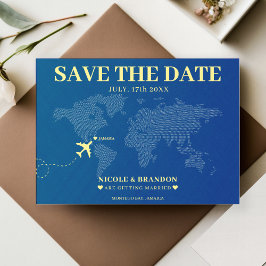 Destinationsbröllop för Blue & Gult World Map Spara Datumet