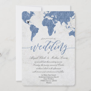 Destinationsbröllop för Dusty Blue Foil World Map Inbjudningar