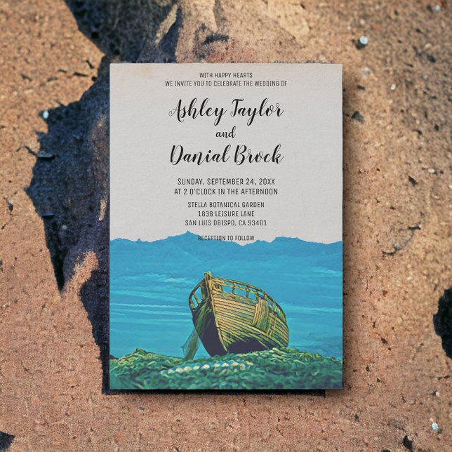 Destinationsbröllop för fiskebåtens hamn i vintage inbjudningar (Skapare uppladdad)