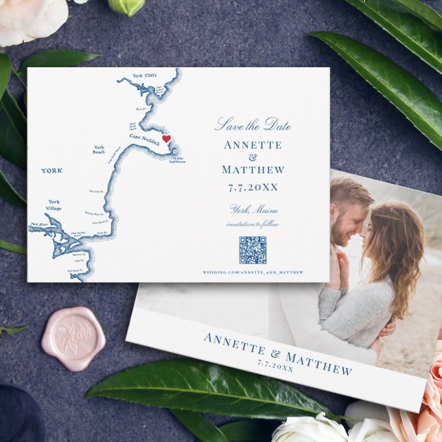 Destinationsbröllop för New York Maine Karta Spara Datumet (These QR code Maine map Save the Dates are perfect for your York, Maine Destination wedding)
