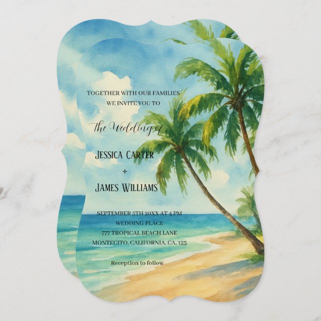 Destinationsbröllop för Tropical Beach Handflatan  Inbjudningar (Fram/baksida)