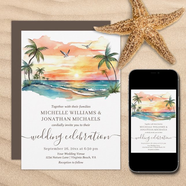 Destinationsbröllop för Tropical Beach Handflatan  Inbjudningar (Tropical Beach Palm Trees Destination Wedding Invitation - Printed and Digital)