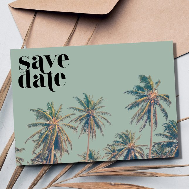 Destinationsbröllop för tropisk strand Handflatan  Spara Datumet (Tropical Palm Tree Beach Destination Wedding Save The Date)