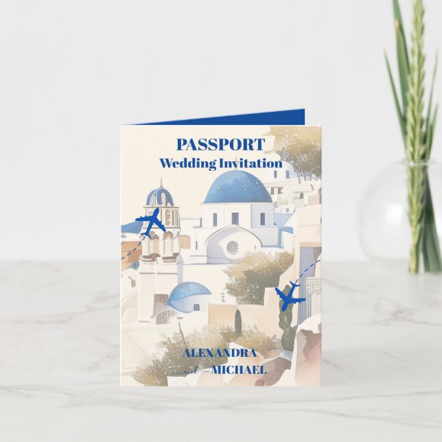 Destinationsbröllop för Watercolor Santorini Inbjudan (Framsida)