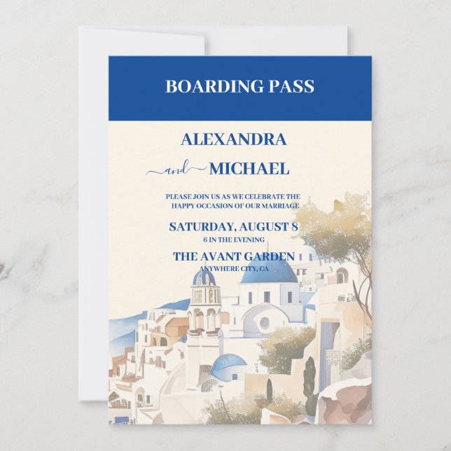 Destinationsbröllop för Watercolor Santorini Inbjudningar (Framsida)