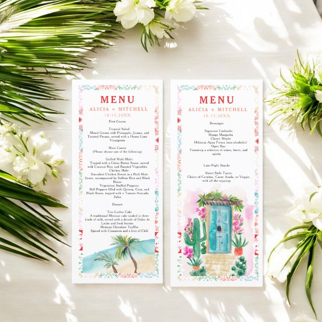 Destinationsbröllop med tropiska vattenfärger i Me Meny (Mexico tropical watercolor destination wedding menu)