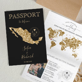 Destinationsbröllop: passet Guld World Map Mexico Inbjudan