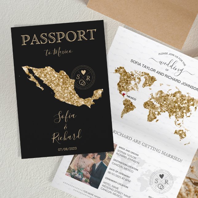 Destinationsbröllop: passet Guld World Map Mexico Inbjudan (gold glitter and black passport)
