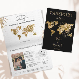Destinationsbröllop: passet Guld World Map Mexico Inbjudan