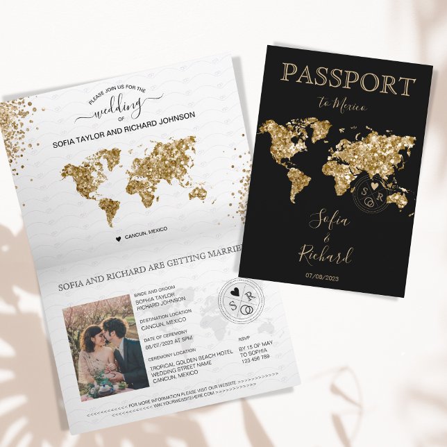 Destinationsbröllop: passet Guld World Map Mexico Inbjudan (Skapare uppladdad)