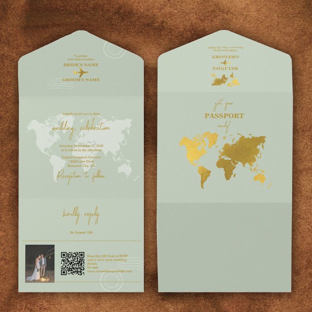 Destinationsbröllop World Passport Sage Grönt Guld (Destination Wedding World Passport Sage Green Gold All In One Invitation)