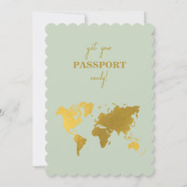 Destinationsbröllop World Passport Sage Grönt Guld Inbjudningar