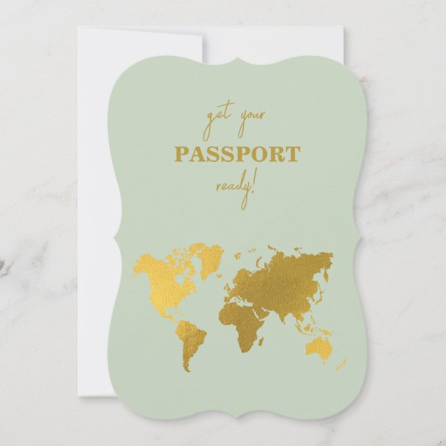 Destinationsbröllop World Passport Sage Grönt Guld Inbjudningar (Framsida)
