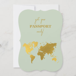 Destinationsbröllop World Passport Sage Grönt Guld Inbjudningar
