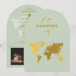 Destinationsbröllop World Passport Sage Grönt Guld Inbjudningar