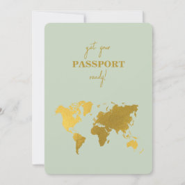 Destinationsbröllop World Passport Sage Grönt Guld Inbjudningar