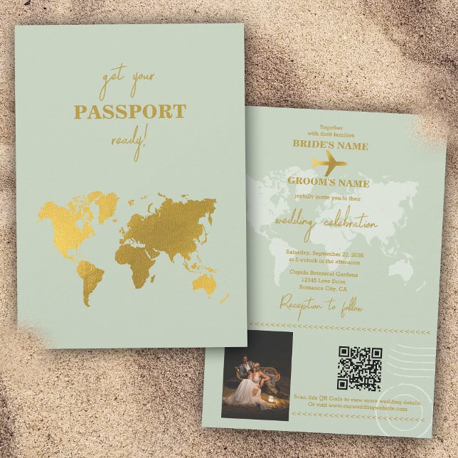 Destinationsbröllop World Passport Sage Grönt Guld Inbjudningar (Destination Wedding World Passport Sage Green Gold Invitation)