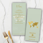 Destinationsbröllop World Passport Sage Grönt Guld Meny<br><div class="desc">En grönt- och guld-destinationspass för bröllopspass med världskarta över guld, flygplan och resande inslag. Den här designen är perfekt för alla målbröllop mellan Vår, Sommar, Fall och Winter. En grönt för elegant och guld bröllop med passutformning, världskarta och foto för anpassningsbar par. Ett modernt målslovets-menykort med elegant inslag. Det finns...</div>
