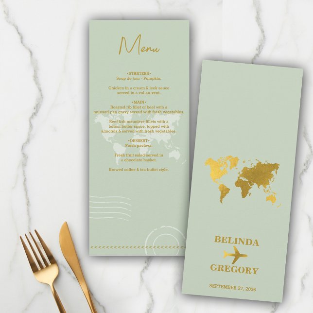 Destinationsbröllop World Passport Sage Grönt Guld Meny (Destination Wedding World Passport Sage Green Gold Menu)