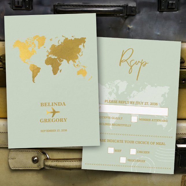 Destinationsbröllop World Passport Sage Grönt Guld OSA Kort (Destination Wedding World Passport Sage Green Gold RSVP Card)