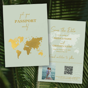 Destinationsbröllop World Passport Sage Grönt Guld Spara Datumet