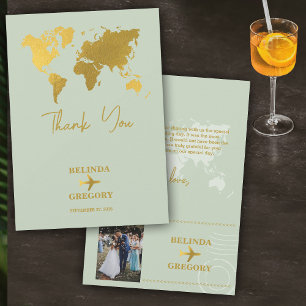 Destinationsbröllop World Passport Sage Grönt Guld Tack Kort