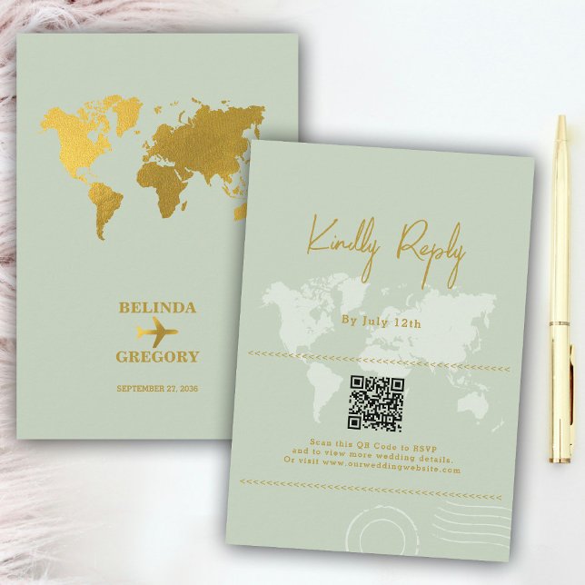 Destinationsbröllop World Passport Sage Grönt Guld Tilläggskort (Destination Wedding World Passport Sage Green Gold Enclosure Card)