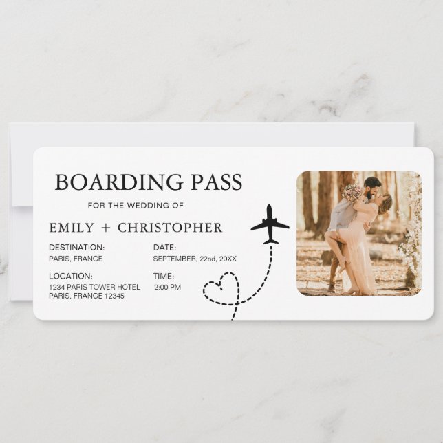 Destinationsbröllopsboardingkortet Flygplan Biljet (Framsida)