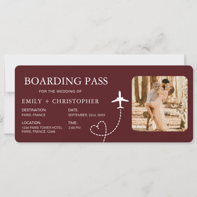 Destinationsbröllopsboardingkortet Flygplan Biljet (Framsida)