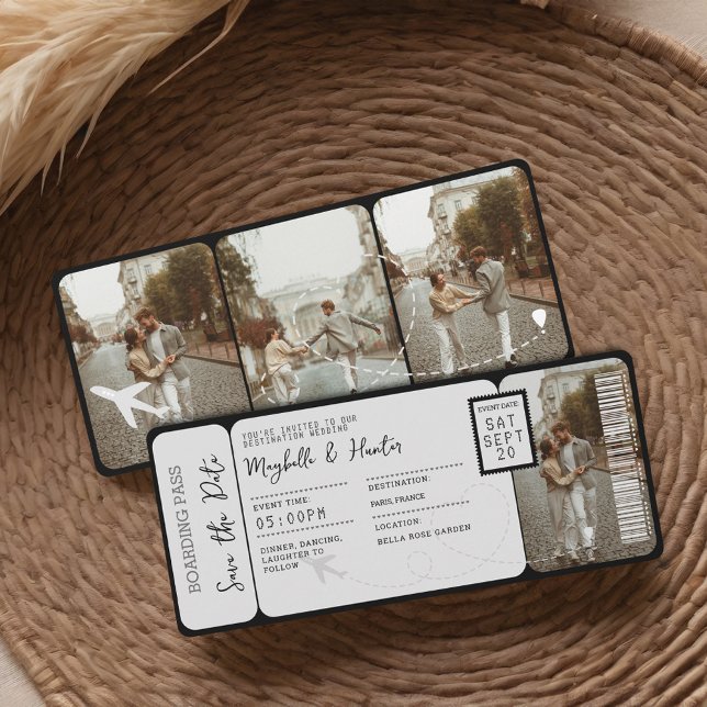 Destinationsbröllopsboardingkortet Flygplan Biljet Inbjudningar (Destination Wedding Boarding Pass Plane Ticket Invitation)