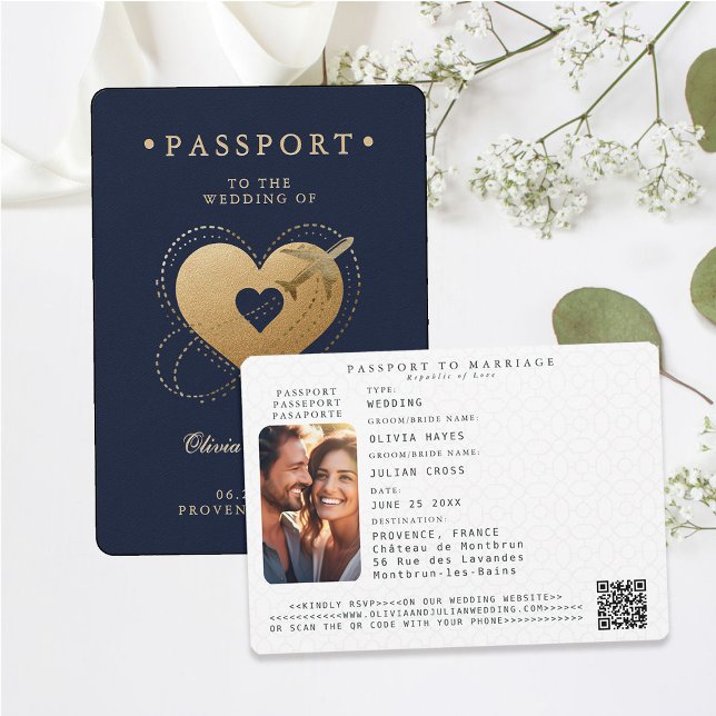Destinationsbröllopsbröllop för passet Guld Heart  Inbjudningar (passport wedding invitation card destination getaway navy blue faux gold hearts airplane)