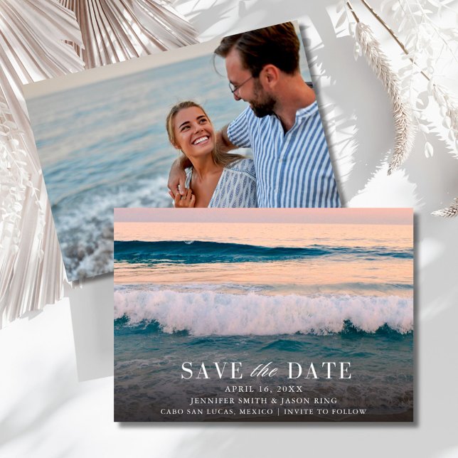 Destinationsbröllopsfoto Spara Datumet (Destination Beach Wedding Photo Save The Date)