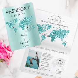 Destinationsbröllopspasset - världskarta Aqua Blue Inbjudan