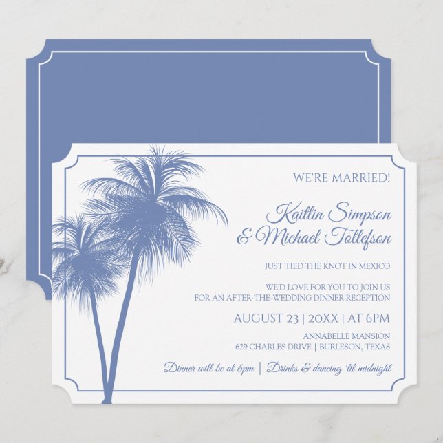 Destinationspalmer Invitation | Kornblå Inbjudningar (Fram/baksida)