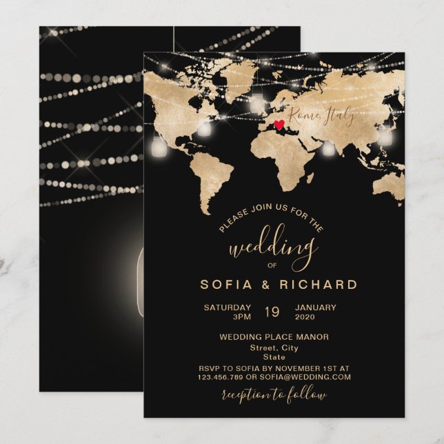 Destinationsvärldskartan för bröllop Light Burk an Inbjudningar (Fram/baksida)
