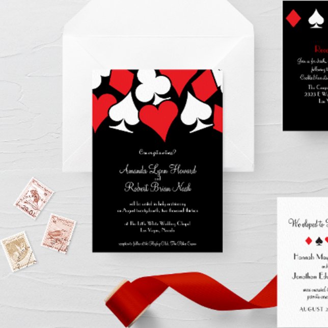 Destiny Las Vegas bröllopsinbjudan Inbjudningar (red white and black card suits themed Las Vegas wedding suite invitation)