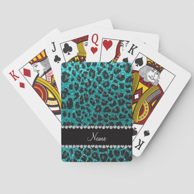 Det anpassade namnet "smart aqua glitter leopard" casinokort (Baksidan)